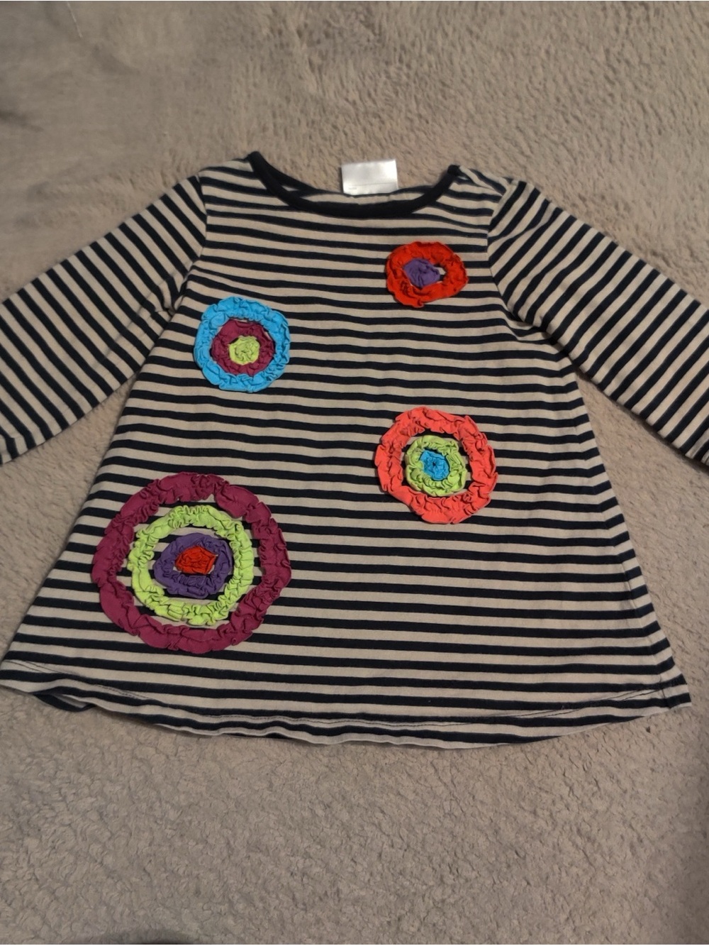 Hanna Andersson 80 Striped Long Sleeve Tunic Mini Dress Floral 3D Appliqué Ruff